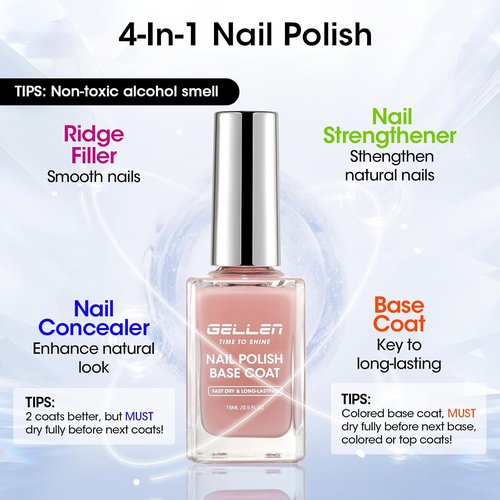 GELLEN 4-in-1 Clear Nail Polish - Base Coat, Sheer Tinted Natural Pink, Ridge Filler & Strengthener
