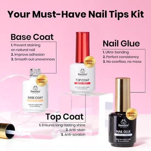 Beetles Gel Nail Kit Etch-X, Medium Coffin, 288pcs 12 Sizes Nail tips, 3Pcs 15ml HEMA-Free Nail Glue Top Coat & Base Gel Set, for Acrylic Press On Nail, Long Lasting Extension DIY Set at Home