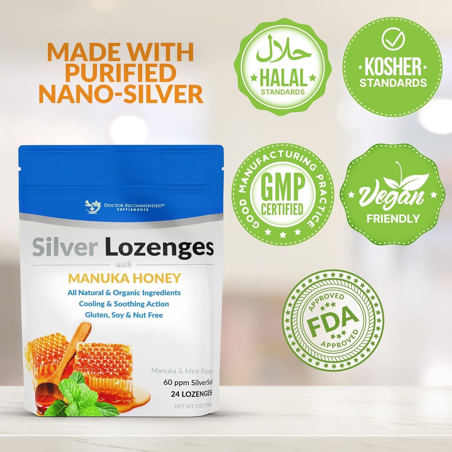 Silver Lozenges - Organic Manuka Honey & Vitamin C for Immune Support | 24 All-Natural Lozenges