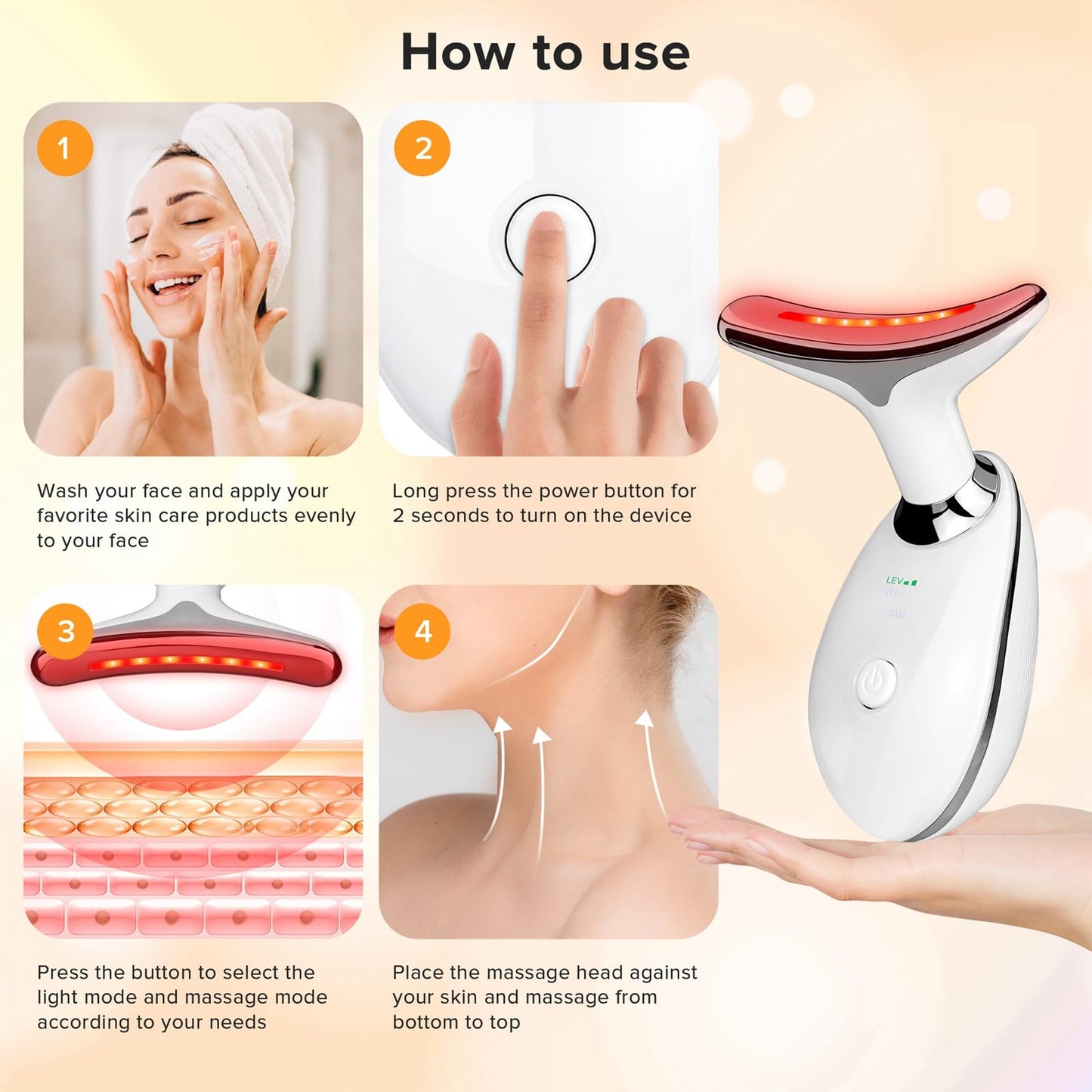 Face Neck Massager with 7-Color Light Modes for Skin Care,Tightening,Smoothness - Red LED Light Therapy Device Triple-Action Beauty Tool