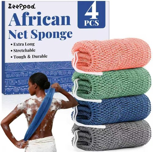 African Net Sponge | Authentic Exfoliating Bath Sponges - 4 Pack, 42 Inch for All Skin Types (Green, Pink, Blue, Grey)