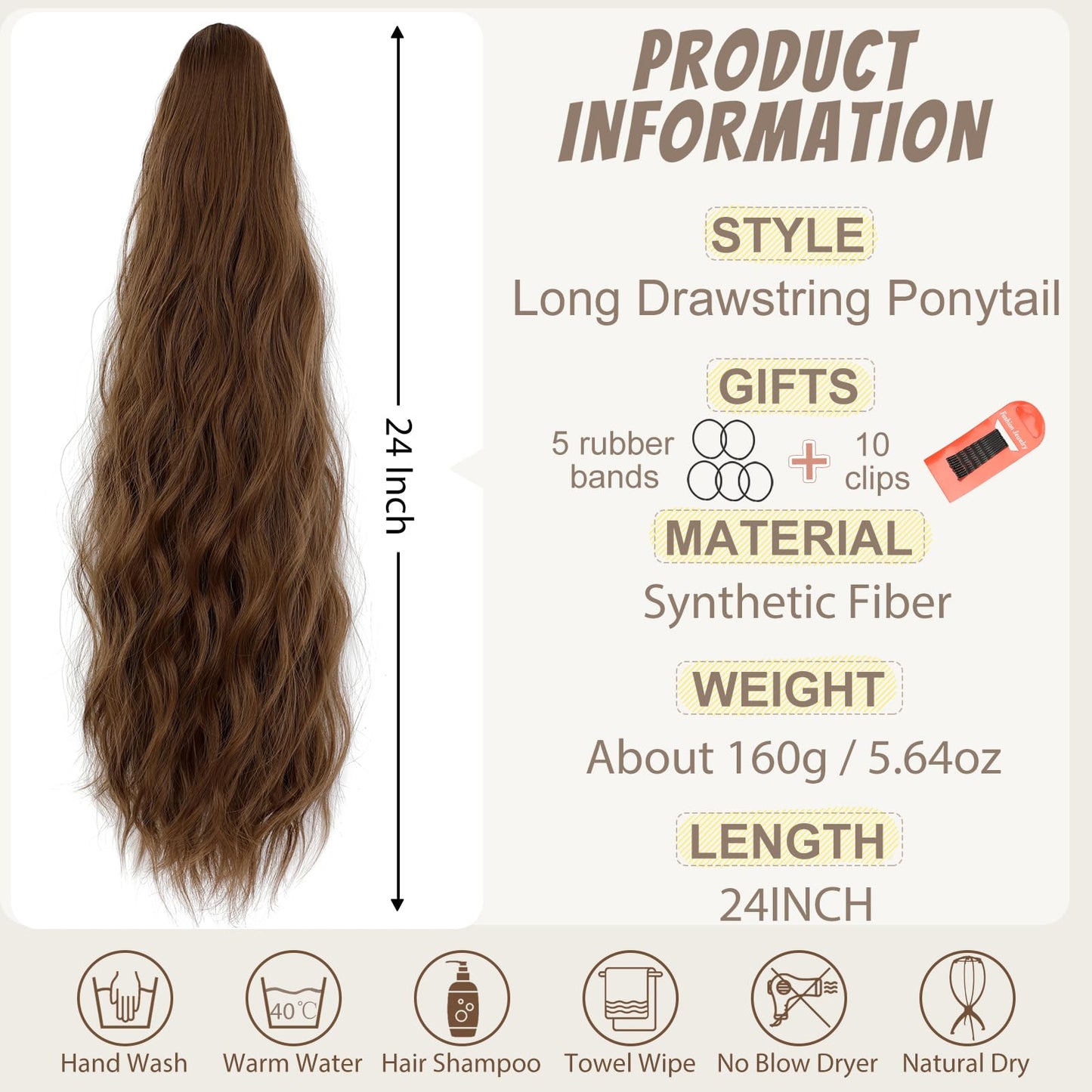 Fanguilar Ponytail Extension 24 Inch Long Curly Wavy Drawstring Ponytail Extension Synthetic Hair Extensions Ponytail for Women Daily Use Light Brown