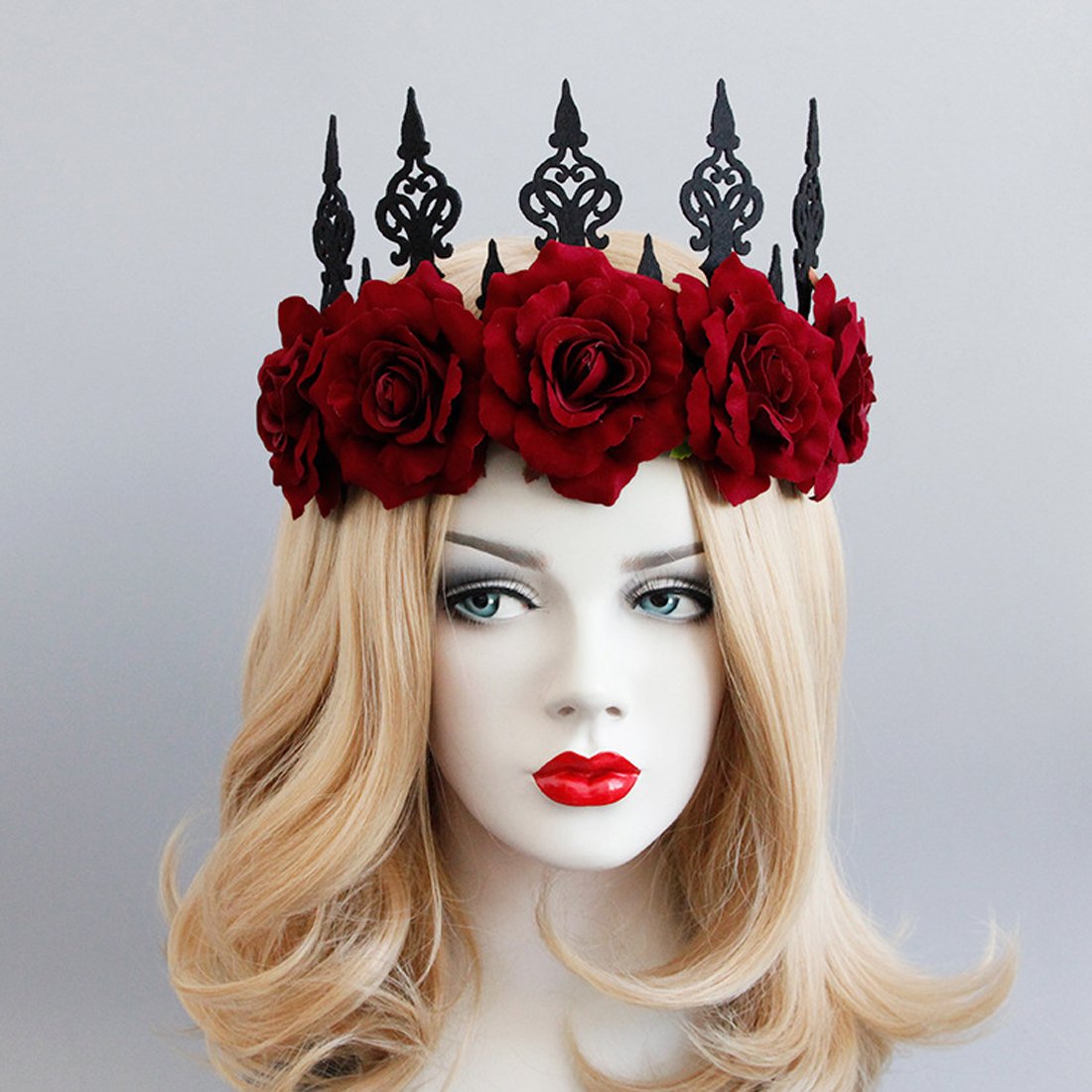 Floral Fall Rose Red Rose Flower Crown Woodland Hair Wreath Festival Headband F-67 (Tiara Burgundy)