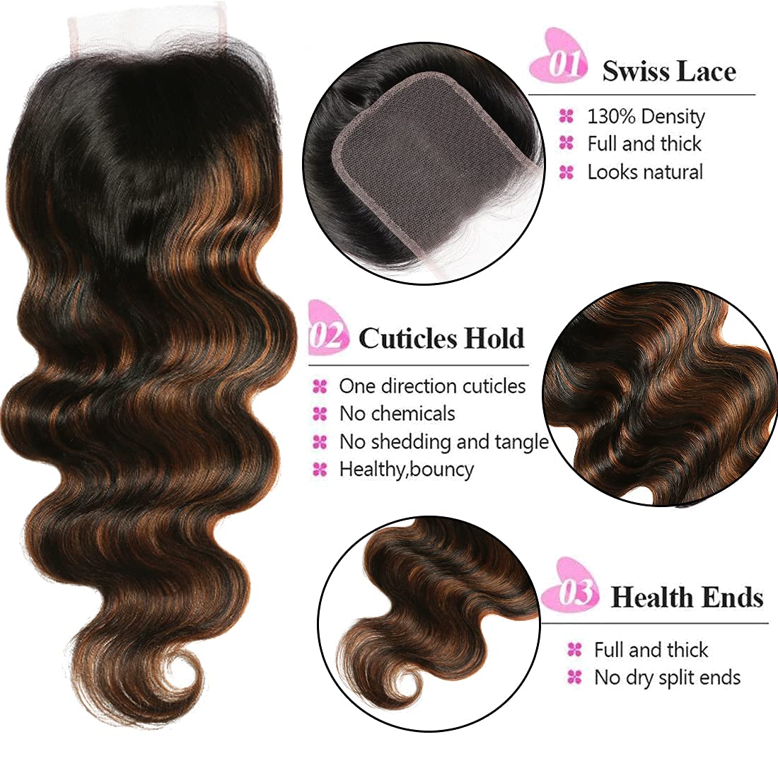 UNICE Brown Highlight Body Wave Human Hair 3 Bundles with 4x4 lace closure, Brazilian Remy Hair Ombre Human Hair Wavy Weaves FB30 Color 14 14 14+14 Closure