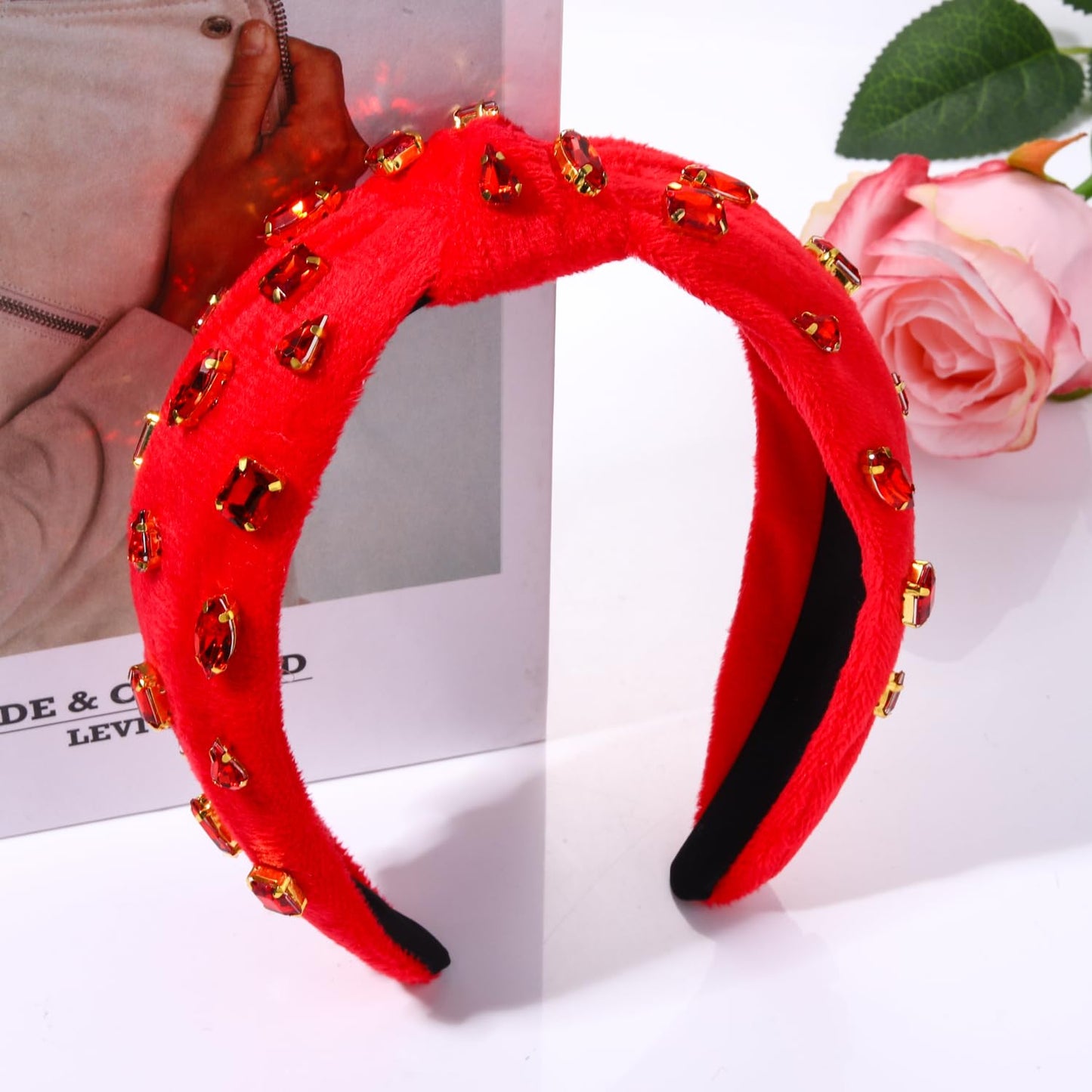 BVGA Valentine’s Day Crystal Knotted Jeweled Red Headband for Women Rhinestone Embellished Hairband Top Knot Headbands Summer Luxury Fashion Wide Ladies Hair Accessories for (Red Velvet)