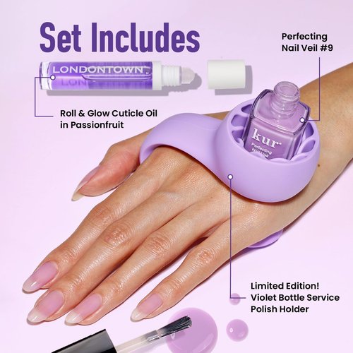 LONDONTOWN Violet Vibes Nail Polish Set - Sheer Lilac Tint with Polish Holder & Cuticle Oil for Healthy Nails