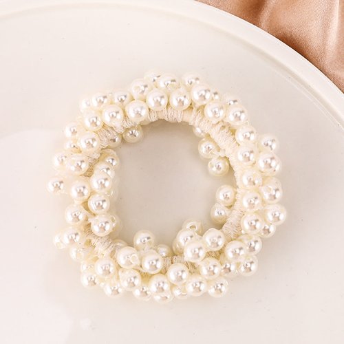 Handmade Pearl Hair Tie Elastic Beaded Scrunchie with Gold Thread Accents
