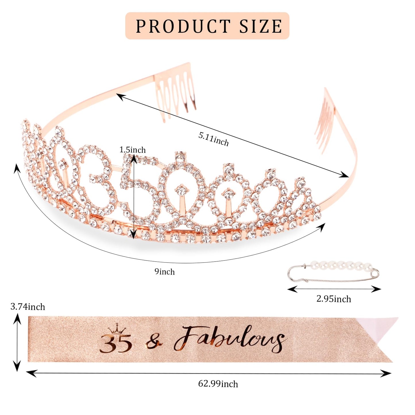 CIEHER 35th Birthday Crown + 35th Birthday Sash + Pearl Pin Set, 35 & Fabulous Birthday Sash, 35 Birthday Tiara, 35th Birthday Decorations for Women, 35th Birthday Gifts