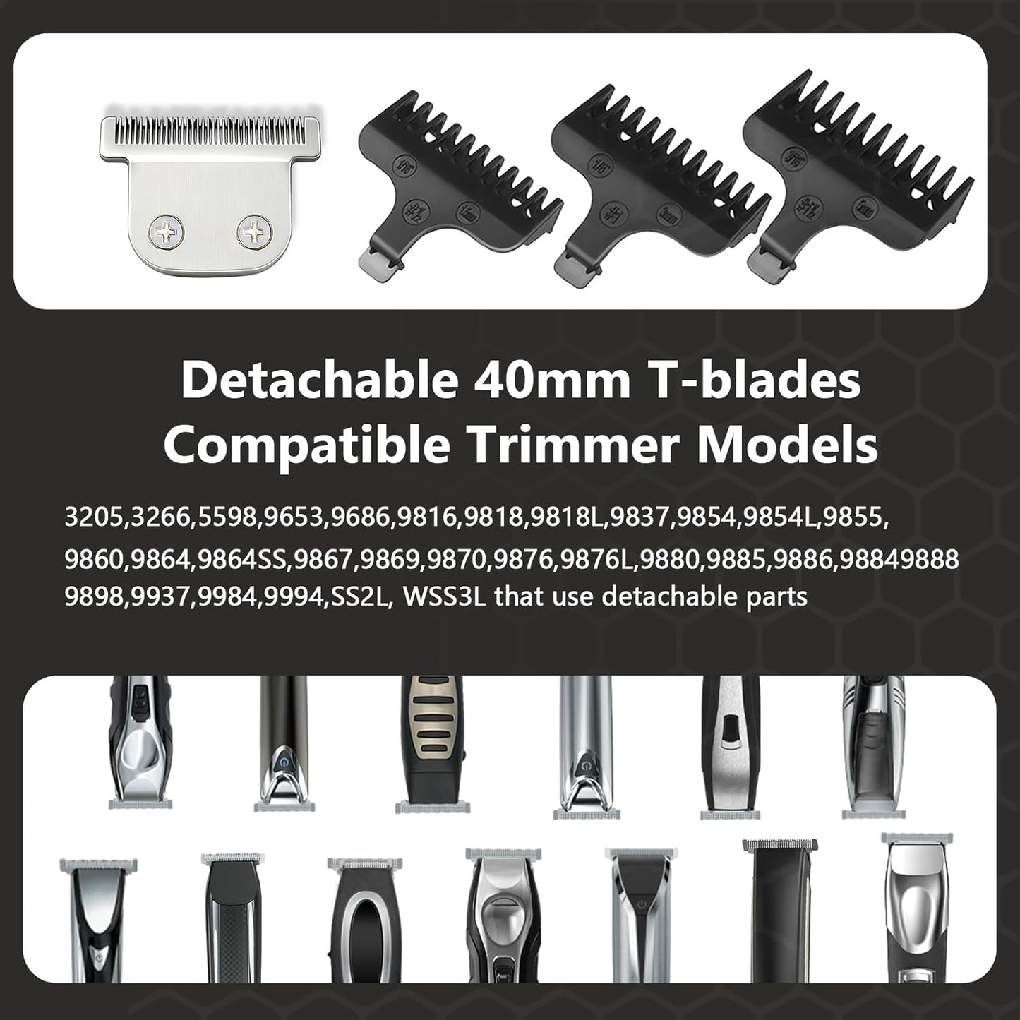 Wahl 40mm Detachable T-Blade - Includes 3 Guard Combs (1.5mm, 3mm, 5mm) for Precision Trimming