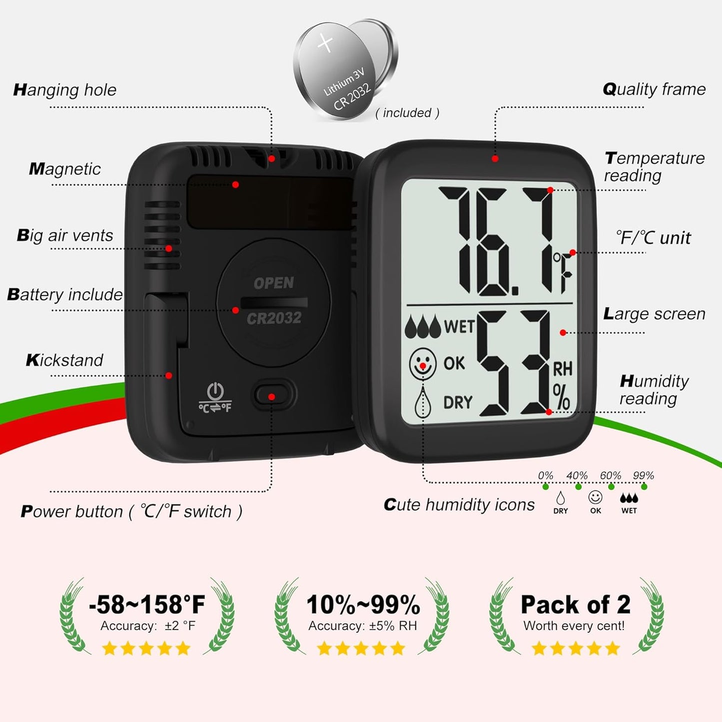 Antonki 2 Pack Room Thermometer for Home, Hygrometer Indoor Humidity Meter Gauge, Digital Temperature and Humidity Sensor Monitor for House, Terrarium, Incubator, Greenhouse - Battery Included