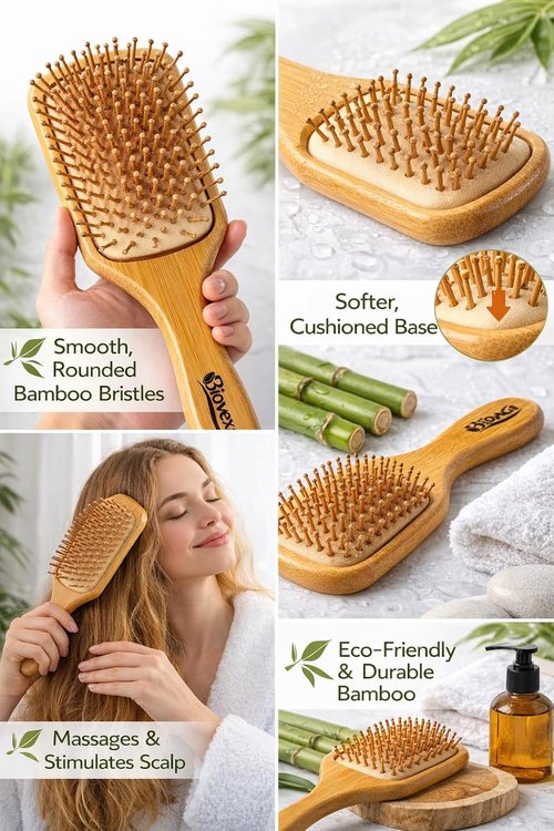 Biovexa Bamboo Hair Brush - Eco-Friendly, Gentle Detangling for All Hair Types