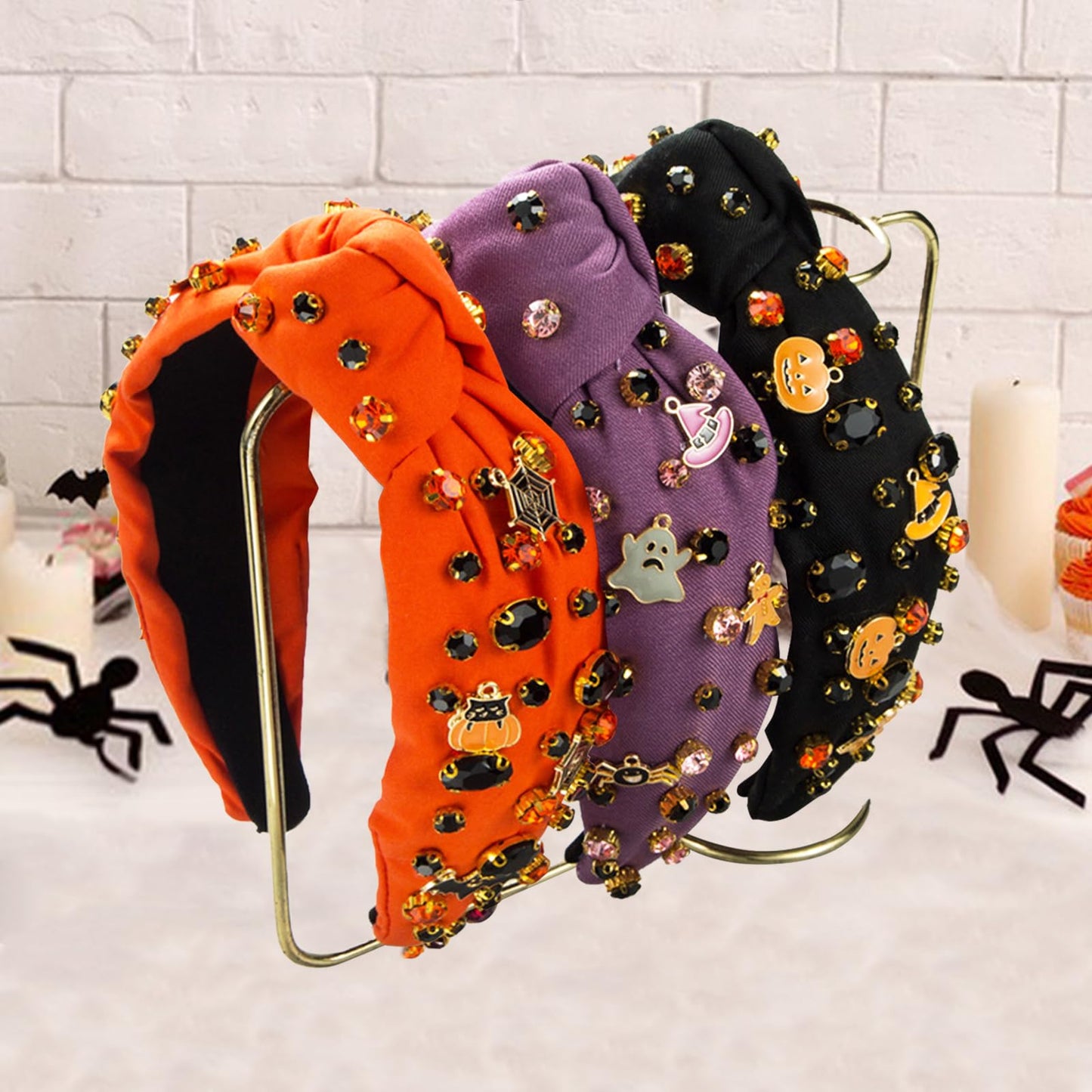 Winmany Halloween Rhinestone Headband Crystal Knotted Beaded Jeweled Headbands for Women Ghosts Pumpkin Charm Candy Corn Top Hairband Halloween Costume Hair Accessories