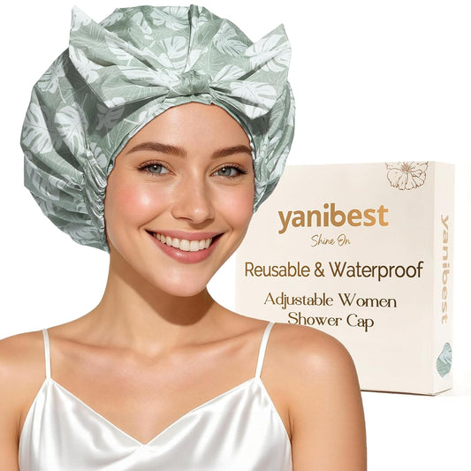 Yanibest Waterproof Shower Cap for Women - Reusable Adjustable Non-Slip Bath Hat for Long Hair | Green