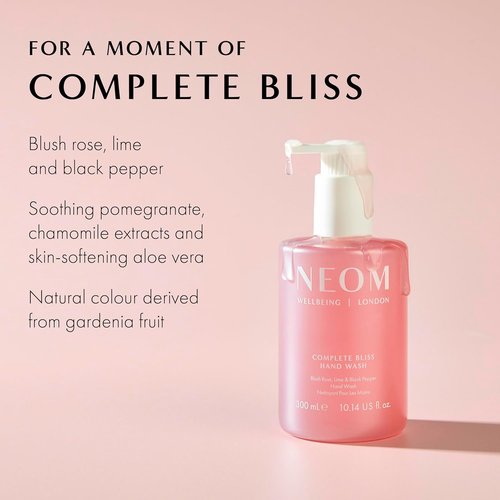 Neom Complete Bliss Hand Wash - 300ml | Blush Rose, Lime & Black Pepper | Natural Color from Gardenia Fruit | 100% Recyclable & Refillable