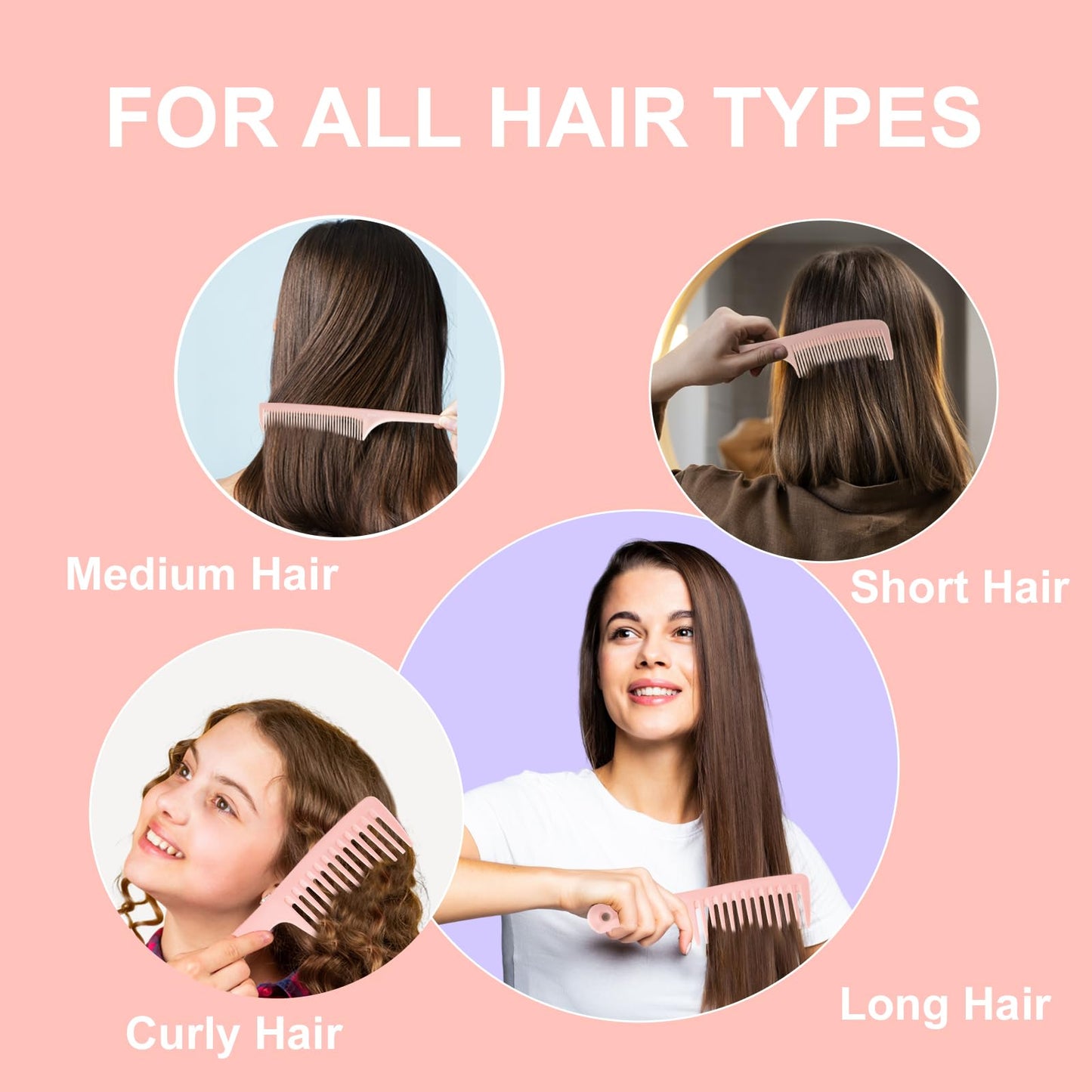 RHOS 3 Pieces Hair Comb Set for Women,Men-Wide Tooth Comb,Fine Tooth Rat Tail Comb,Medium Tooth Comb-Detangling Hair Combs for All Hair Types,Hair Styling Comb Set(Pink)