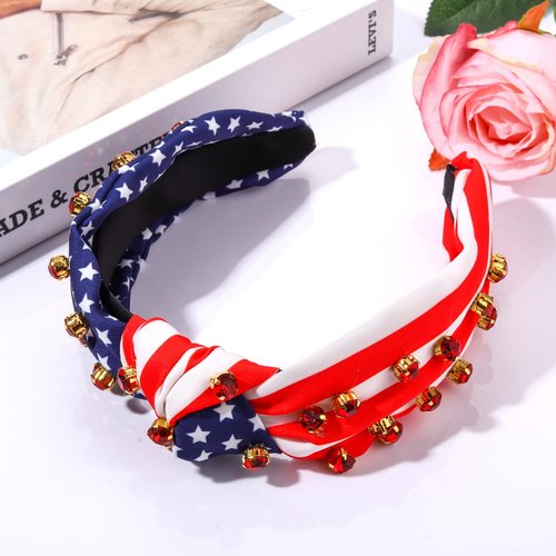 4th of July Headband American Flag Crystal Star Knottted Headband for Women Fourth of July Patriotic Headband Headpiece Red White and Blue Stripe Top Knot Wide Hairband Party Favor Gift (red white