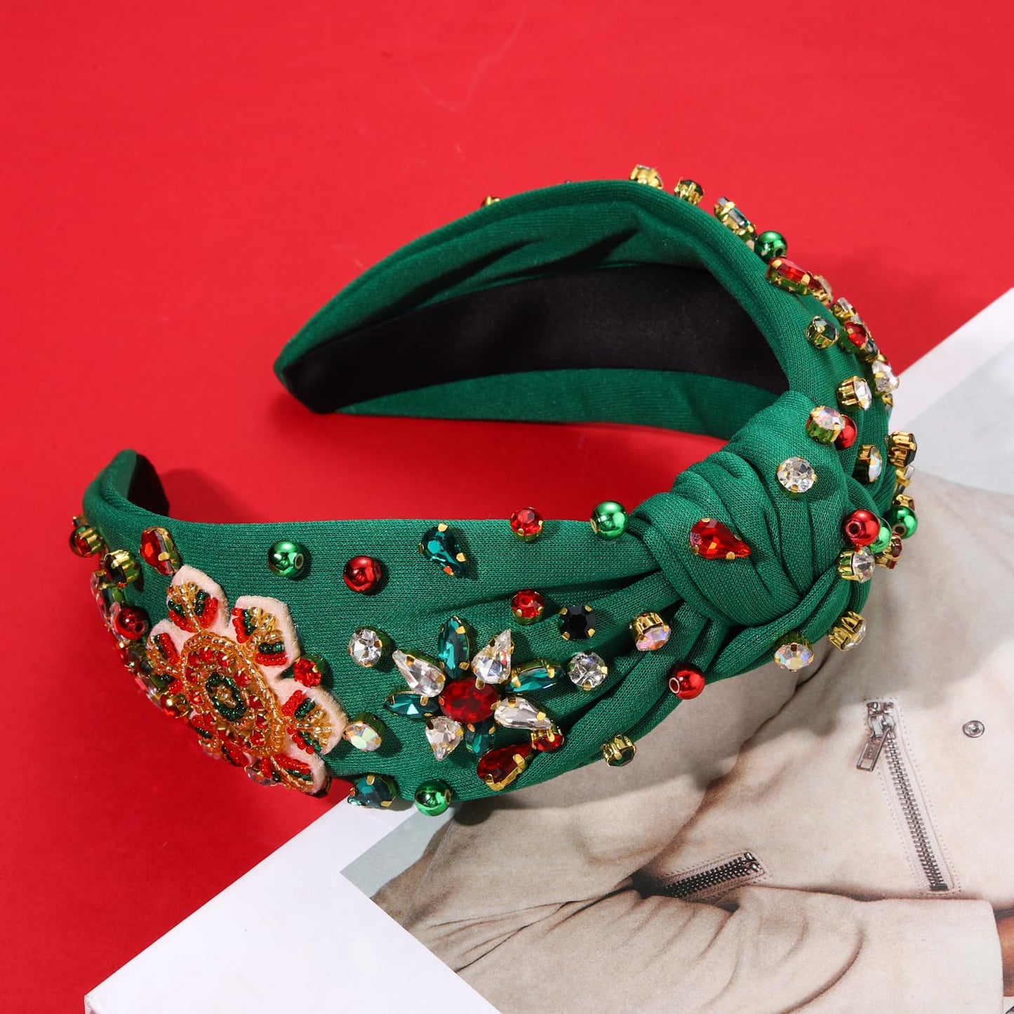 Christmas Holiday Headbands Accessories for Women Beaded Christmas Tree Headband Festive Xmas Knotted Headband Red Green Rhinestone Crystal Wide Top Knot Headband Holiday Gifts (Snowflake 1 - Green)