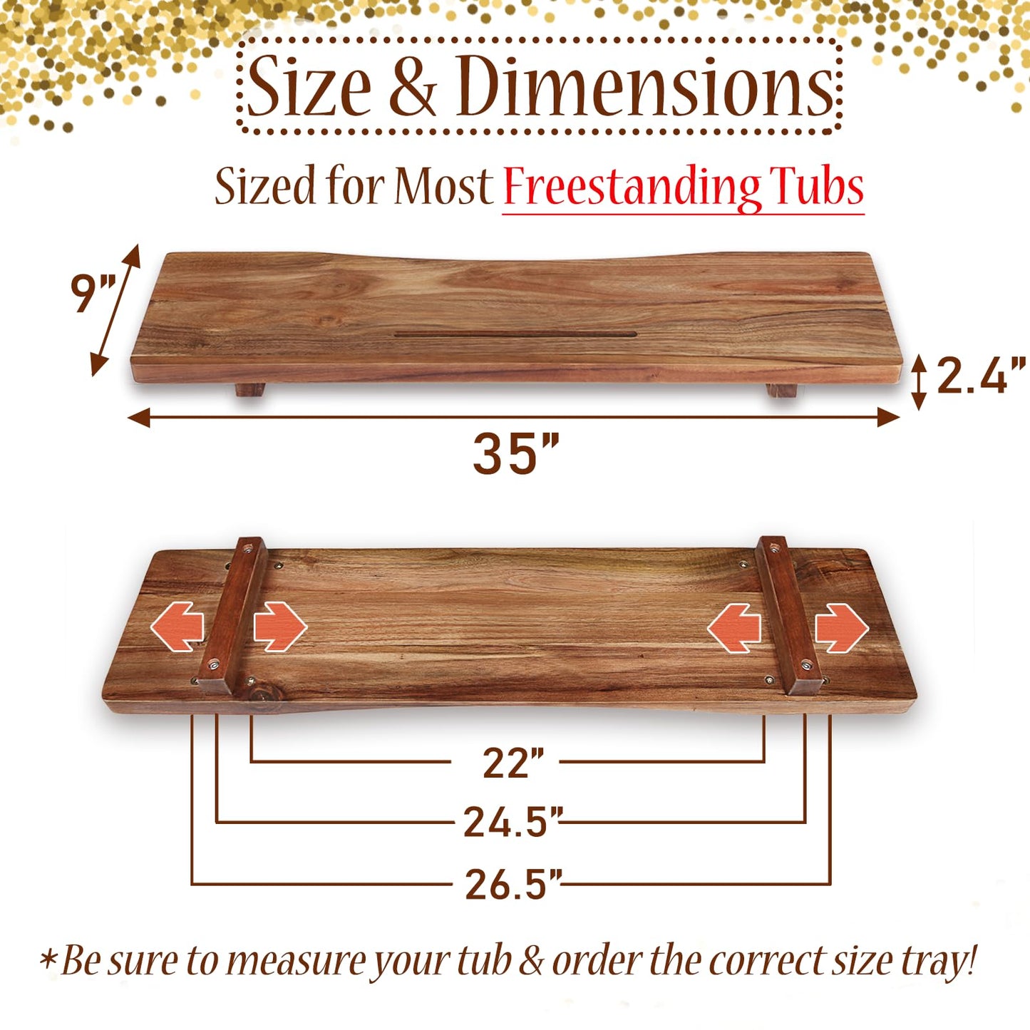 Premium 1.2IN Thickened Board Acacia Wood Bathtub Tray Caddy with Adjustable Legs, Minimalistic Design Bath Tray for Tub, Bathtub Accessories, Fits Most Free Standing Bath Tubs, Idea for Women