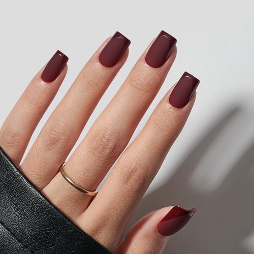 BTArtbox Press on Nails Short Square - Dark Red Nails with Glossy French Tips in a Matte Finish, Soft Gel Fake Nails Glue On Nails in 16 Sizes, Cozy Cocoa