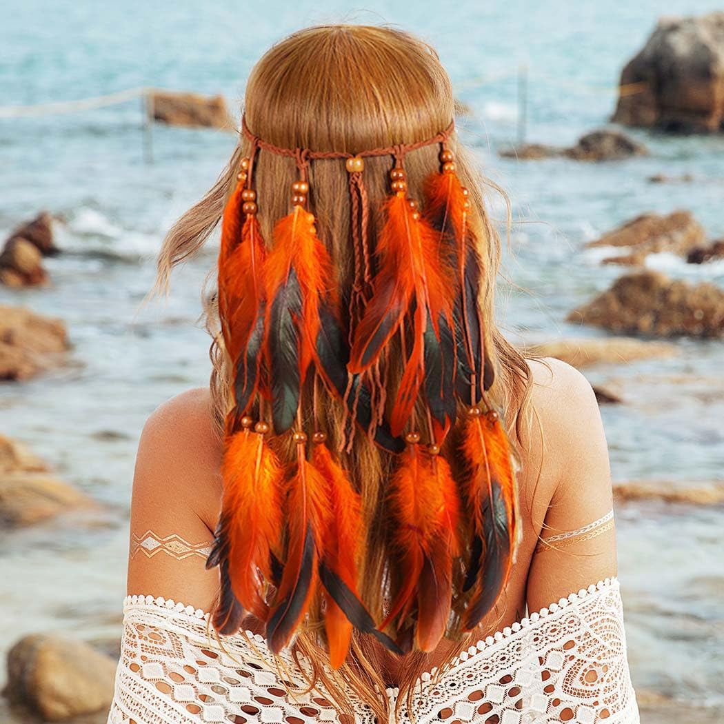 GORTIN Boho Feather Headband Hippie Headband Gypsy Feather Headpiece Indian Costume Headwear Hair Accessory for Women (C-Orange, One size)