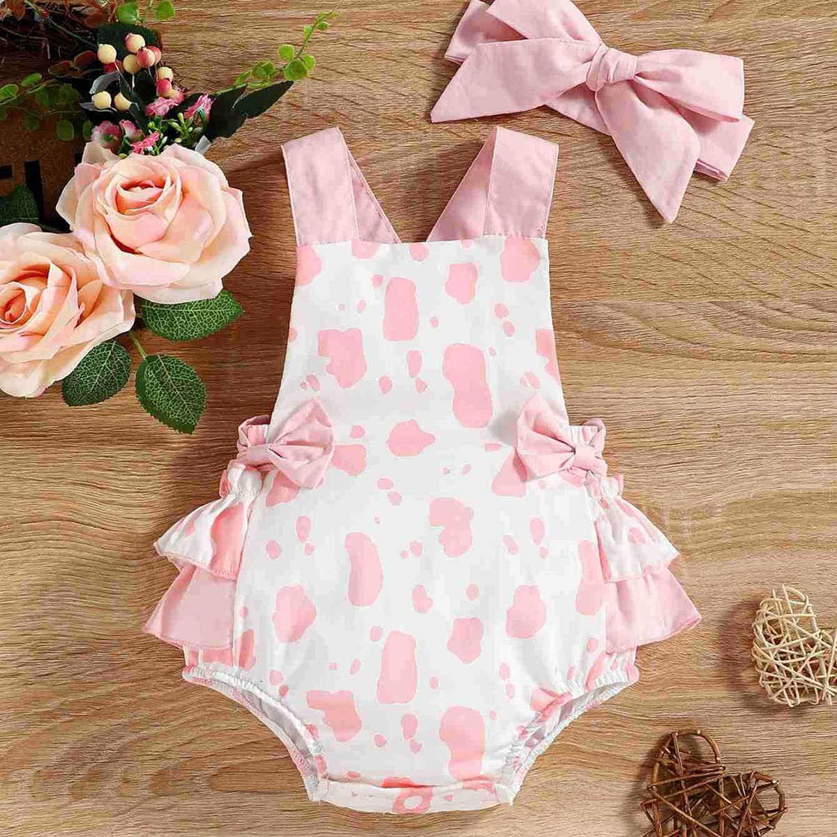 Baby Toddler Girl First Birthday Outfits 2PCS Little Princess Bubble Romper 1st Birthday Cake Samsh Outfits Baby Easter Romper Baptism Christening Halloween Onesie Photo Shoot Cow-Pink 12-18 Months