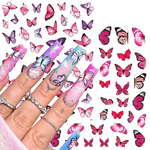 6Pcs Butterfly Nail Art Stickers 3D Self Adhesive Nail Art Supplies Blue Pink Colorful Butterflies Nail Decals with Charm Designs Nail Gel Transfer Spring Butterfly Nail Sticker Girls Manicure Decor