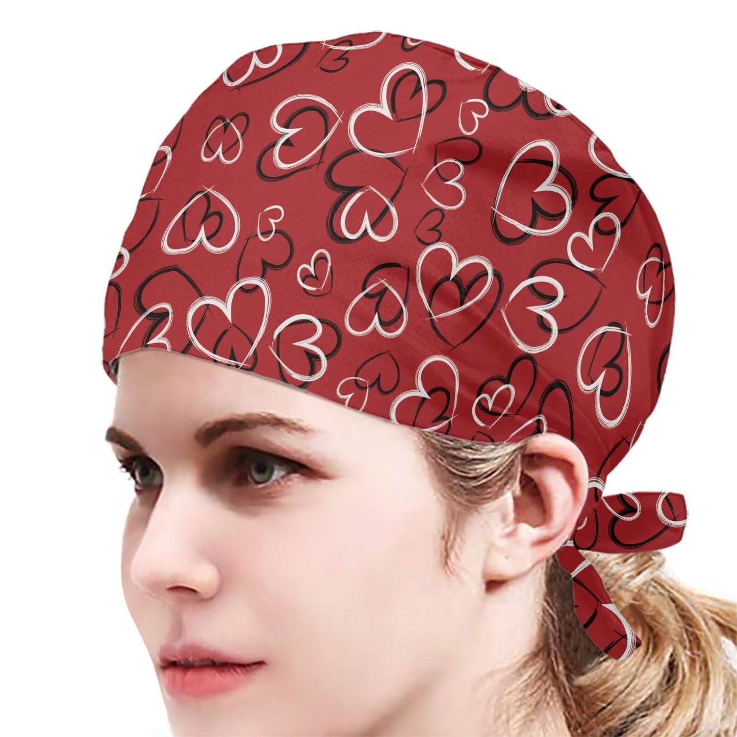 JEOCODY Valentine Red Heart Scrub Cap for Women Working Hat with Sweatband Breathable Headgear Cap for Work Universal Fit One Size