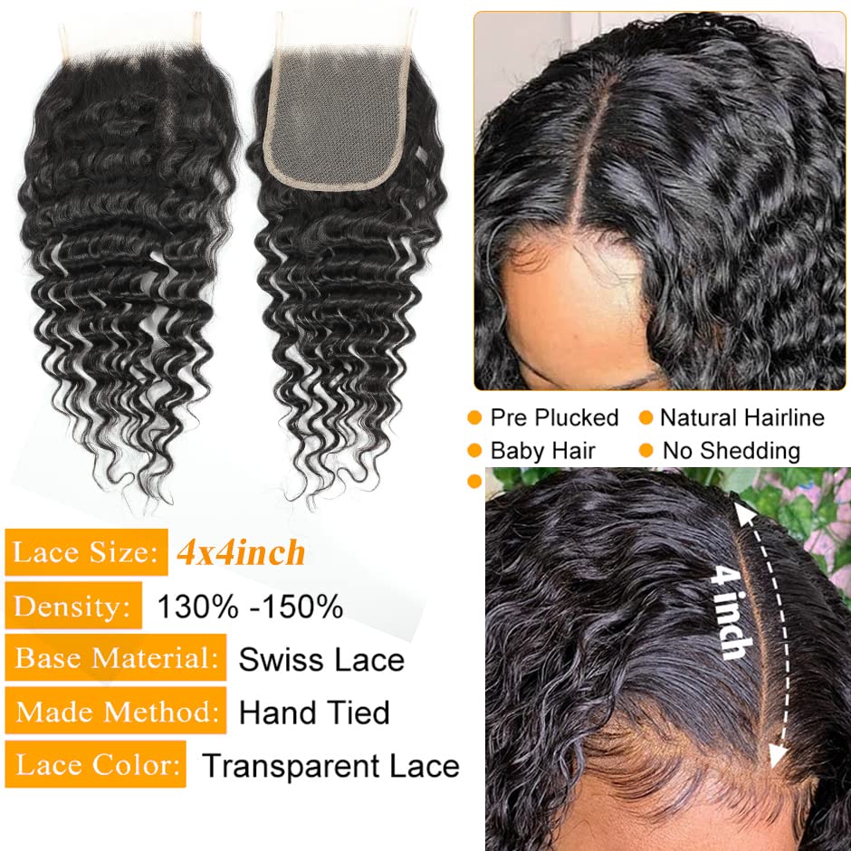 QTHAIR 12a Grade Brazilian Deep Wave Human Hair Bundles/Closure/Frontal/Wigs 100% Unprocessed Brazilian Virgin Hair Deep Curly Hair (18", 4x4 Closure)