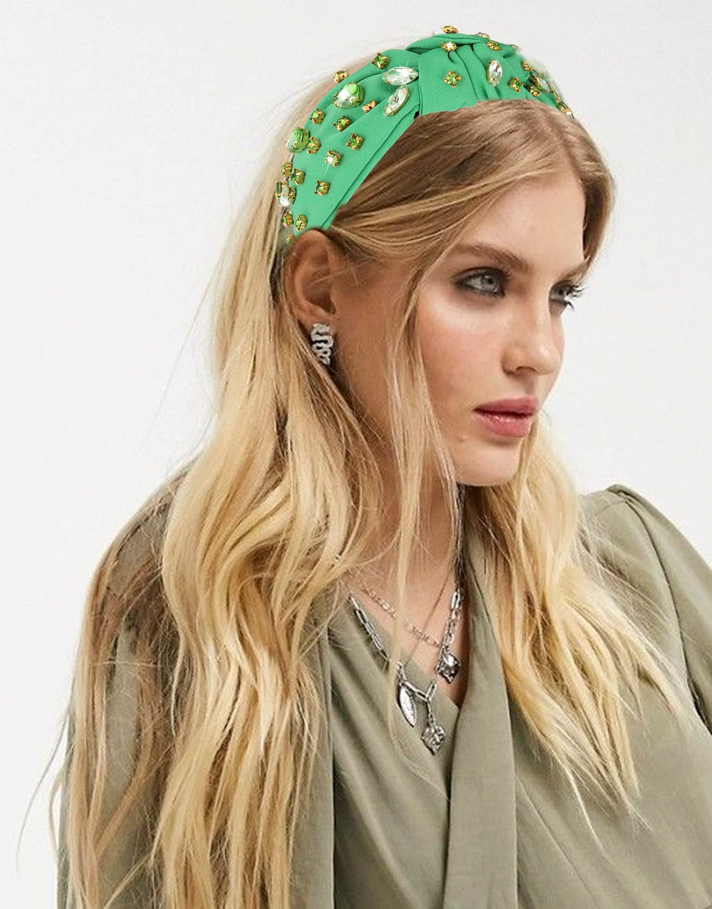 Crystal Velvet Headband Cross Knotted Turban Headdress Colorful rhinestone Statement Wide Hair Band Hoop Accessories For Women Girls (Green)