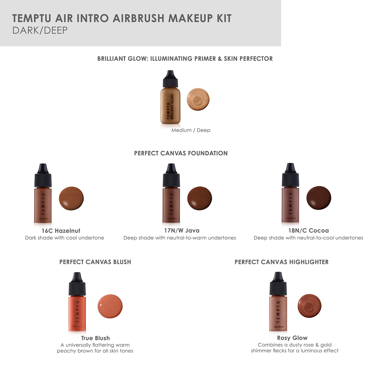 TEMPTU Air Intro Airbrush Makeup Kit in Dark to Deep: 9-Piece Set Includes Cordless Device, Refillable Makeup Cartridge, 3 Perfect Canvas Semi-Matte Foundations, Primer, Blush, Highlighter & Cleaner