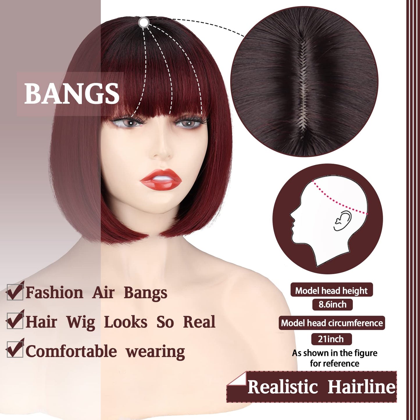 WERD Short Wine Red Bob Wig with Bangs, Straight Burgundy Wig Bob for Women, Short Straight Wig Natural Looking for Daily and Party