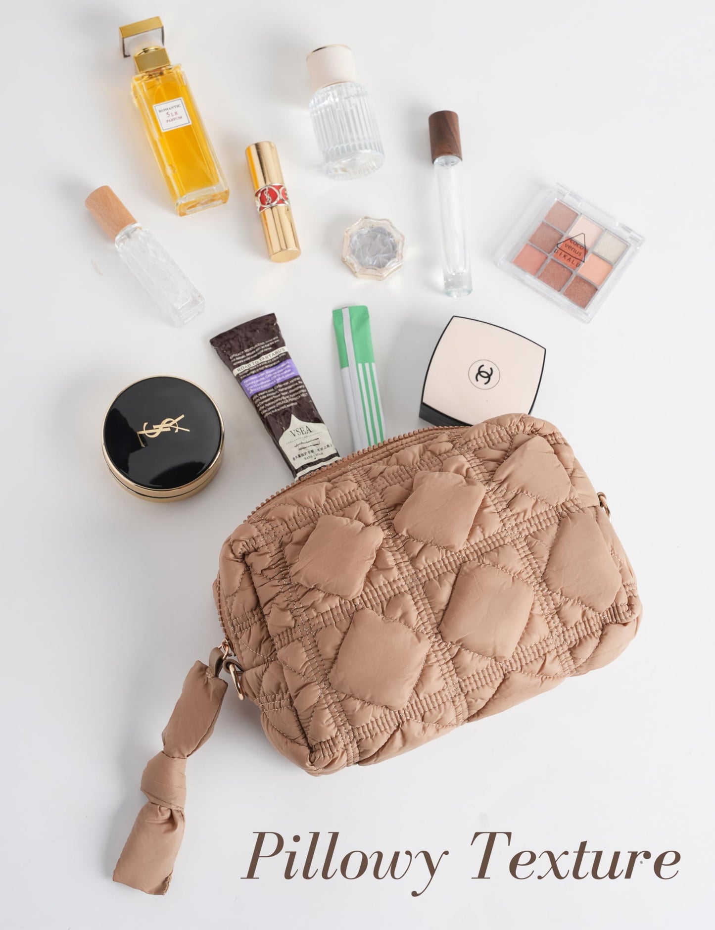 Yarnic Quilted Makeup Bag Cosmetic Bag, Travel Toiletry Bag for Women, Cute Makeup Bag Organizer Puffer Makeup Pouch (M, Khaki)