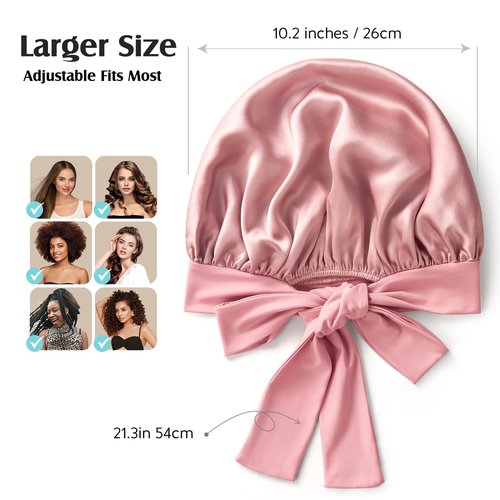 YFONG 100% 22 Momme Mulberry Silk Bonnet for Sleeping Women, Larger Double Layer Silk Hair Wrap for Curly Short Long Hair, Non-Slip Sleep Cap Turban with Elastic Tie Band for Hair Care, Pink