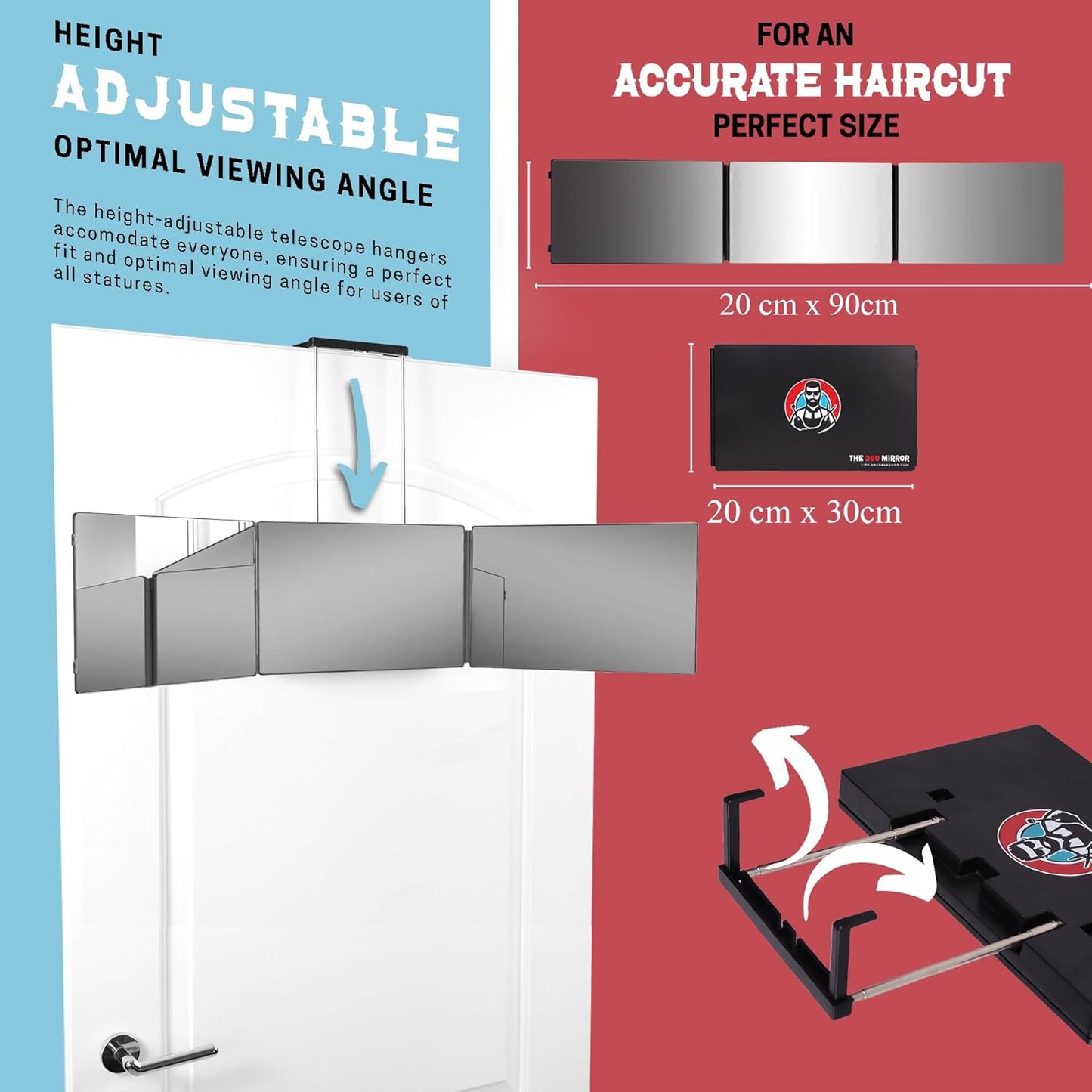 Skiennix 360 Mirror - Adjustable Trifold Barber Mirror for Self Hair Cutting | Three-Sided Design for Men & Women