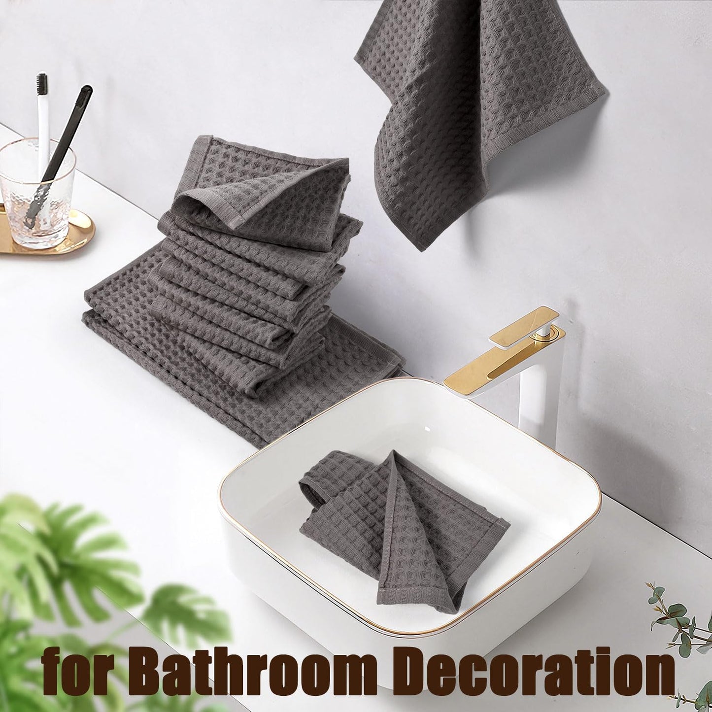 Cleanbear Classic Waffle Washcloths, 100% Cotton Face Towels, Absorbent and Quick-Drying, Soft Washcloths 12 Pack for Face and Body, 13 x 13 Inches (Gray)