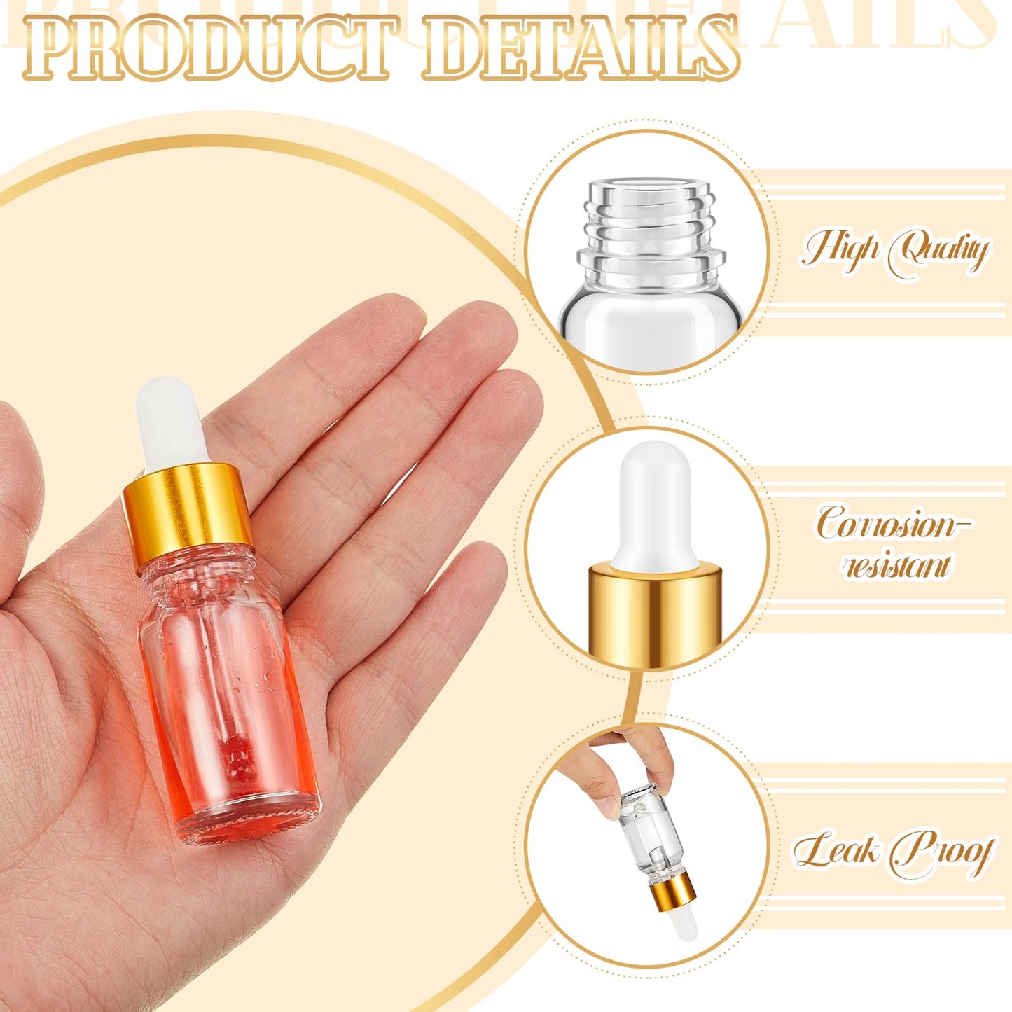 Didaey 100 Pcs Mini Glass Oil Dropper Bottle Bulk, 10 ml Gold Clear Essential Small Empty Bottles Sample Containers Perfume Liquid Vials with Cap for Traveling