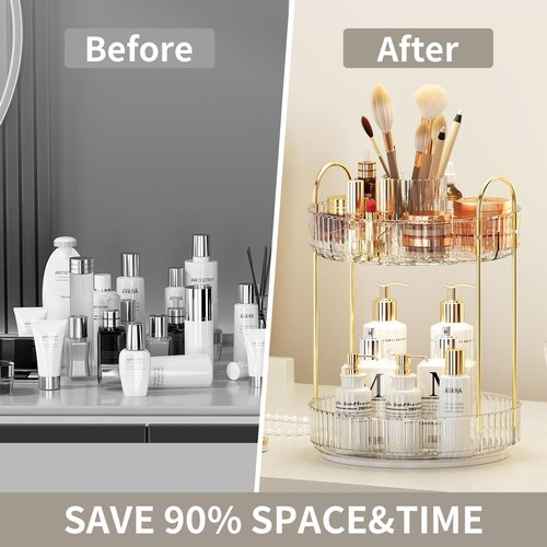 360° Rotating Makeup Organizer, Large-Capacity Skincare Make Up Storage 2 Tier Perfume Organizers Cosmetic Dresser Organizer with Makeup Brush Holder, Fits Bedroom, Bathroom, Vanity Shelf Countertop