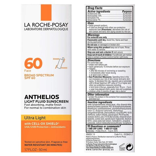 La Roche-Posay Anthelios SPF 60 Light Fluid Sunscreen - Lightweight, Oil-Free, Travel Size 1.7 Fl. Oz.