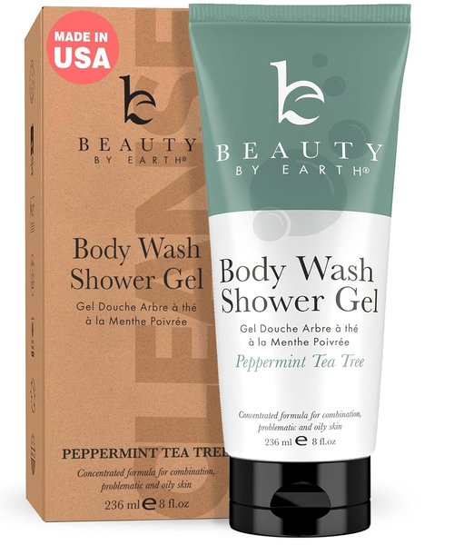 Beauty by Earth Peppermint Tea Tree Oil Shower Gel - Organic Moisturizing Body Wash for Men & Women, Made in USA