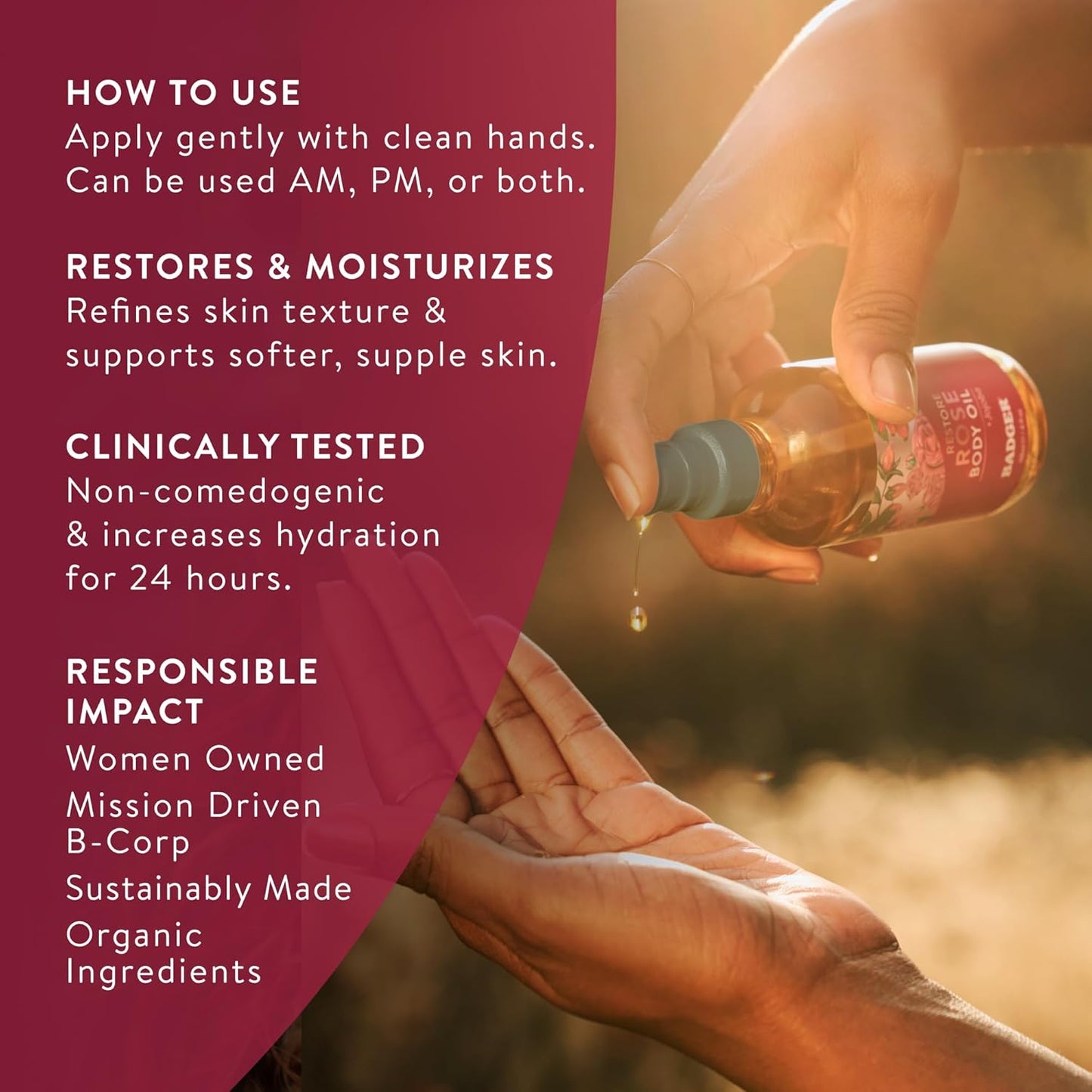 Badger Rose Body Oil - 100% Organic Rose Scented Moisturizer for Dry Skin | 4 fl oz Glass Bottle