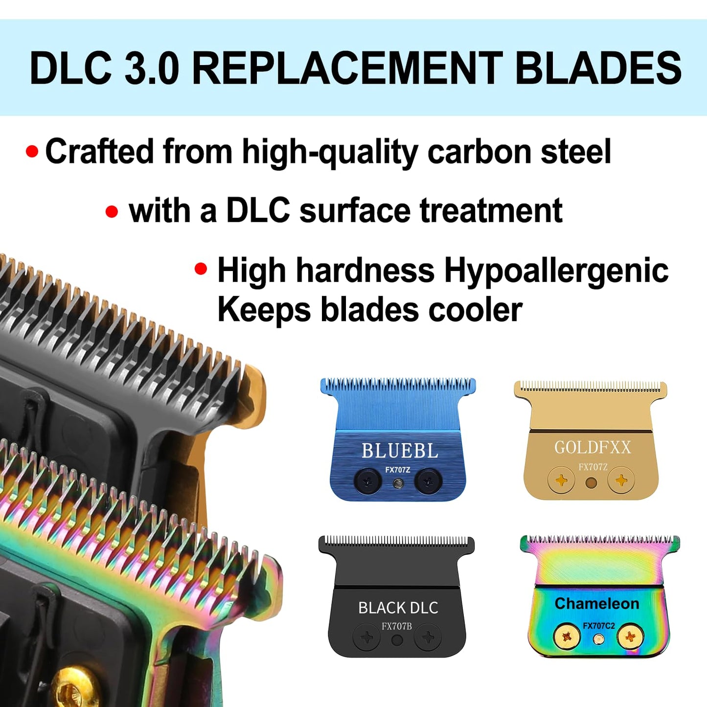 TRAH FX707B Replacement Blades - Black DLC Compatible with BaByliss Barberology FX787 & FX726 Trimmers