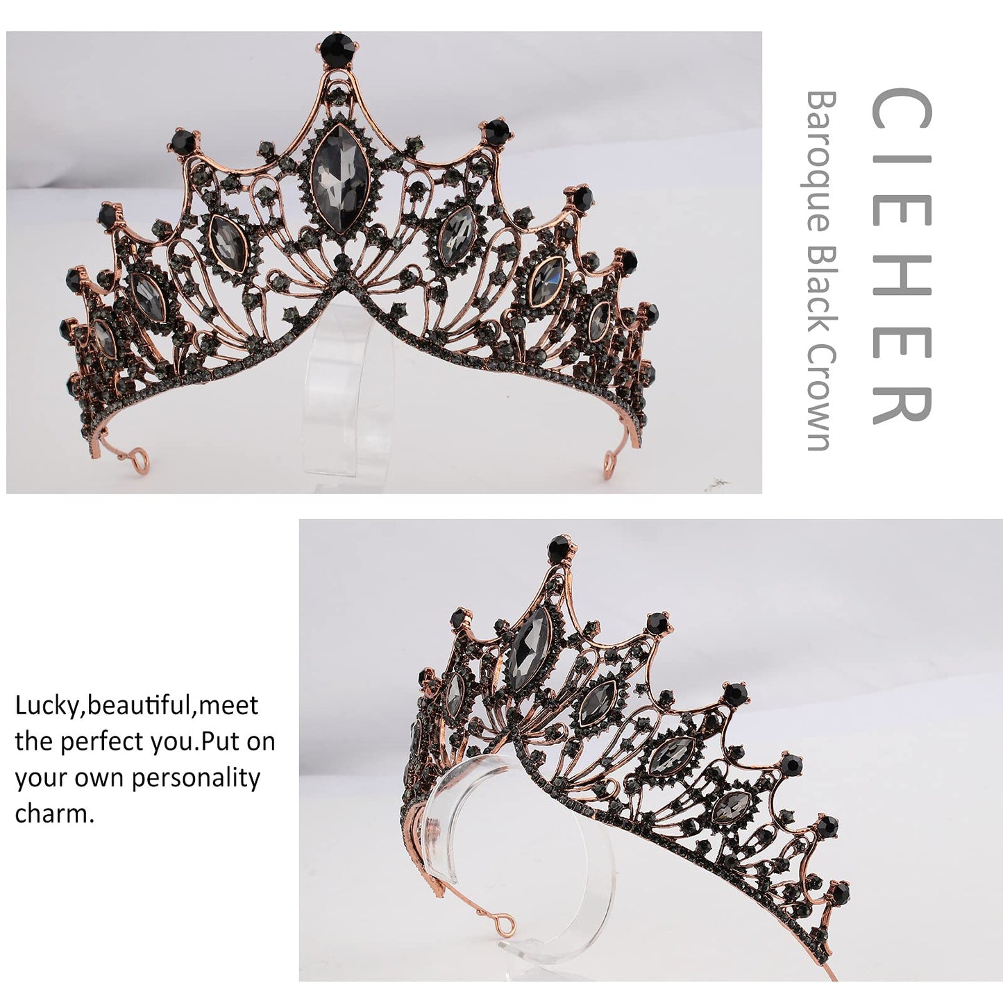 CIEHER Baroque Queen Crown for Women,Rhinestone Wedding Tiaras and Crowns Crystal Vintage Princess Crown Headband Birthday Tiara,Prom Birthday Party Valentines Costume-Black Crown