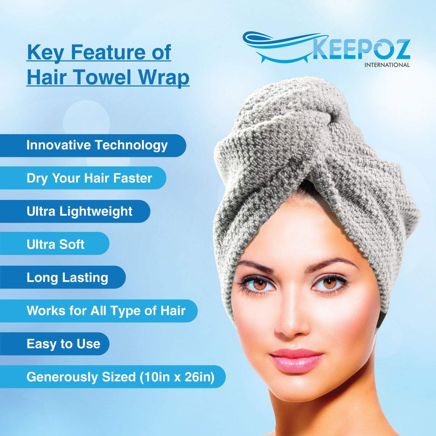 KEEPOZ Hair Towel Wrap Quick Dry 100% Cotton Super Absorbent Turban Head Wrap for Women with Button, Non Microfiber Anti Frizz Hair Cap for Curly, Long & Thick Hair (Grey Check, 2 Pcs)