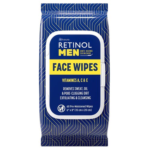 LIVAURA Retinol Facial Wipes - Anti-Aging Cleansing Towelettes for Men | 60 Count, Oil & Dirt Removal
