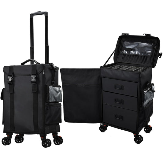 Stagiant Rolling Makeup Case 4 in 1 Soft Sided Professional Cosmetology Case on Wheels Freelance Makeup Artist Nylon Cosmetic Organize Storage Nail Technician Hair Stylist Classic Black