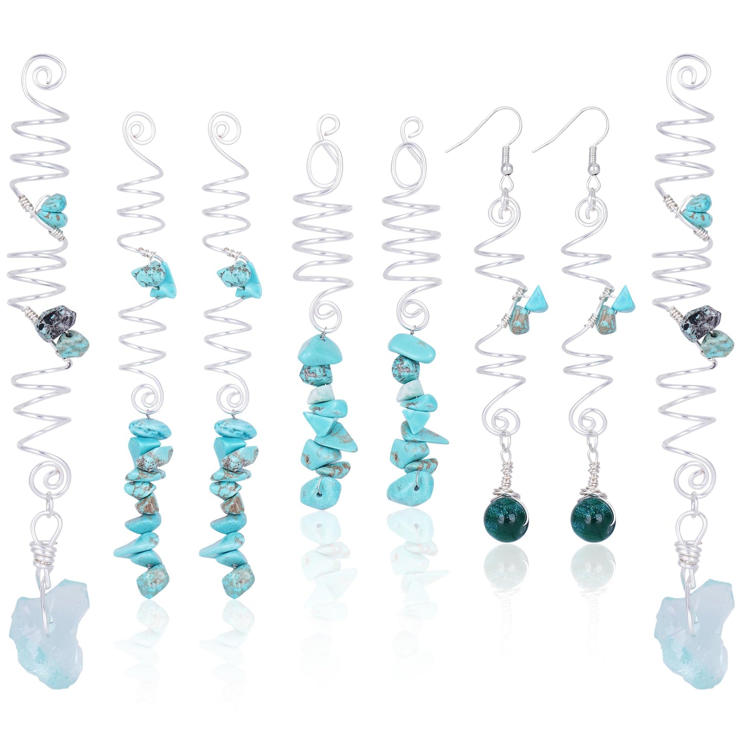 FRESHME Green Crystal Hair Jewelry for Braids Kit - 8 Pcs Green Natural Stone Hair Braid Accessories with Dark Green Bead Earrings Sets Silver Spirals Rings Dreadlock Decoration