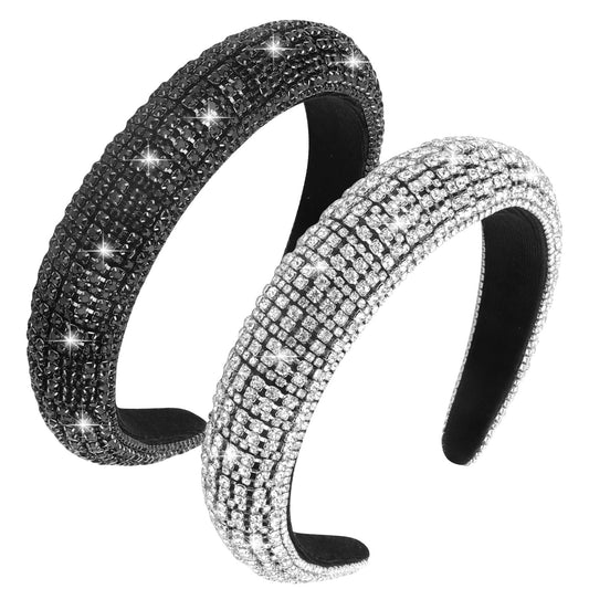 Wecoe 2pcs Silver Black Rhinestone Headbands Thick Padded Puffy Headband Bling Glitter Sparkly Diamond Headband Non Slip Fashion Head Band Holiday Formal Hair Accessories For Women Girls Gifts