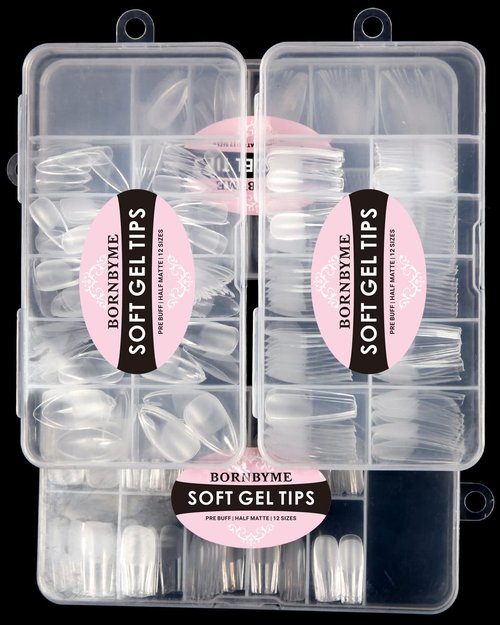 Soft Gel Nail Tips Medium Stiletto, 120PCS Pre Buff Full Cover Shaped Nail Extenison Tips Half Matte Gel Nail Tips BORNBYME