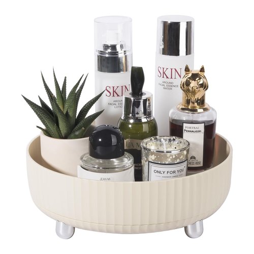 Anyoifax Makeup Perfume Organizer Tray 360 Degree Rotating Lazy Susan Skincare Lotion Organizer Spinning Cosmetics Storage for Dresser, Vanity, Bathroom Countertop, Small Beige