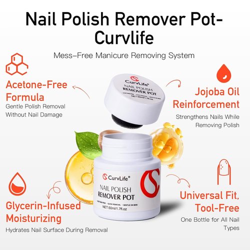 Curvlife Acetone-Free Nail Polish Remover Pot - Quick & Gentle Removal with Jojoba Oil | 50ml/1.7 fl oz
